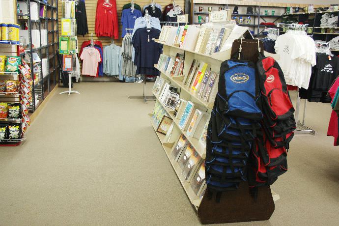 Alongside of books the bookstore offers apparel and accessories.